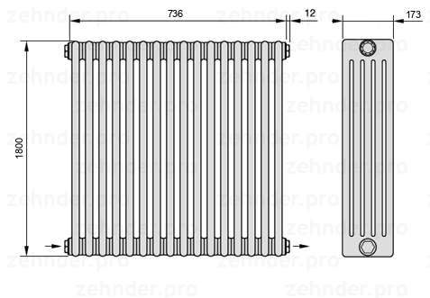 Схема (чертеж) Радиатор Zehnder Charleston 5180/16 №2670 Белый глянцевый RAL 9016